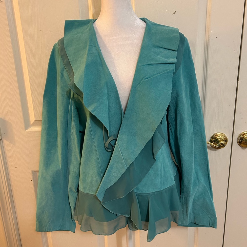 Aqua Leather Y2K Lizzie McGuire/CheetahGRL Inspired Ruffle Jacket – 100% Leather